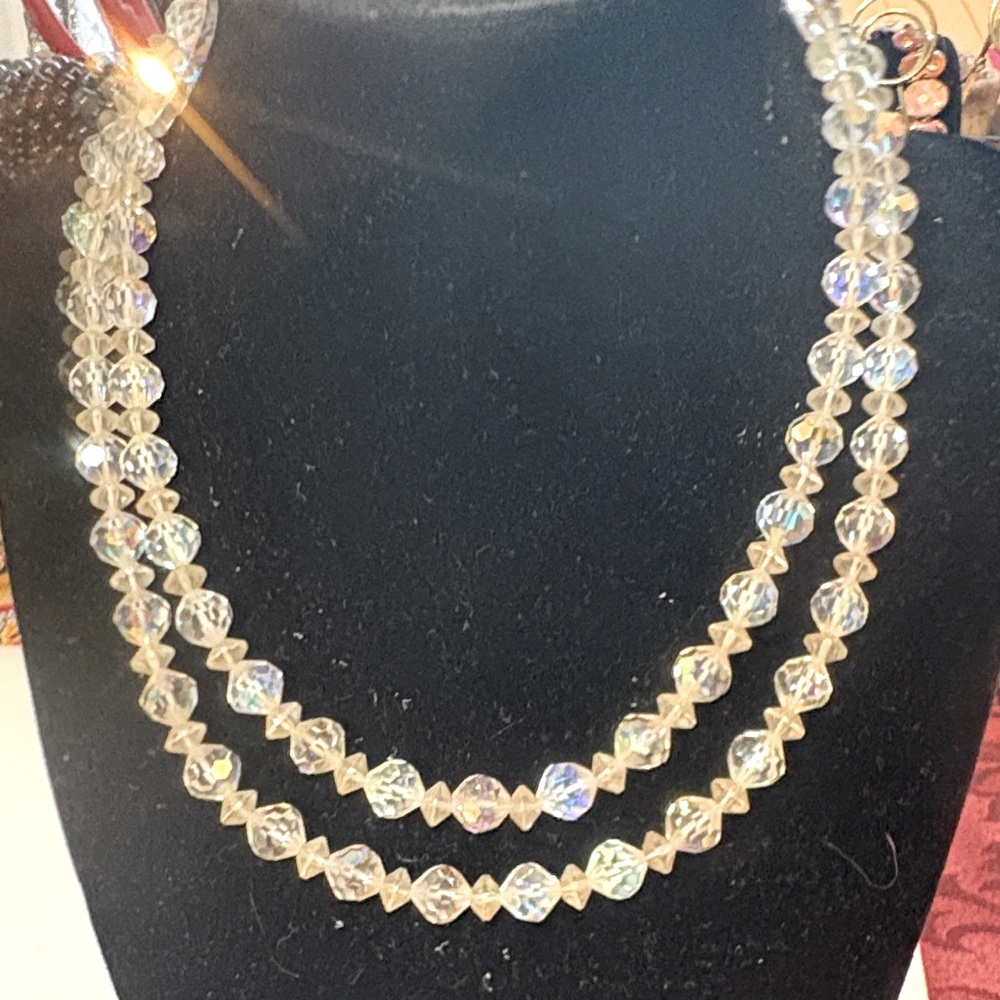 Vintage  Aurora Borealis Crystal Two Strand Gorgeous Beaded Necklace